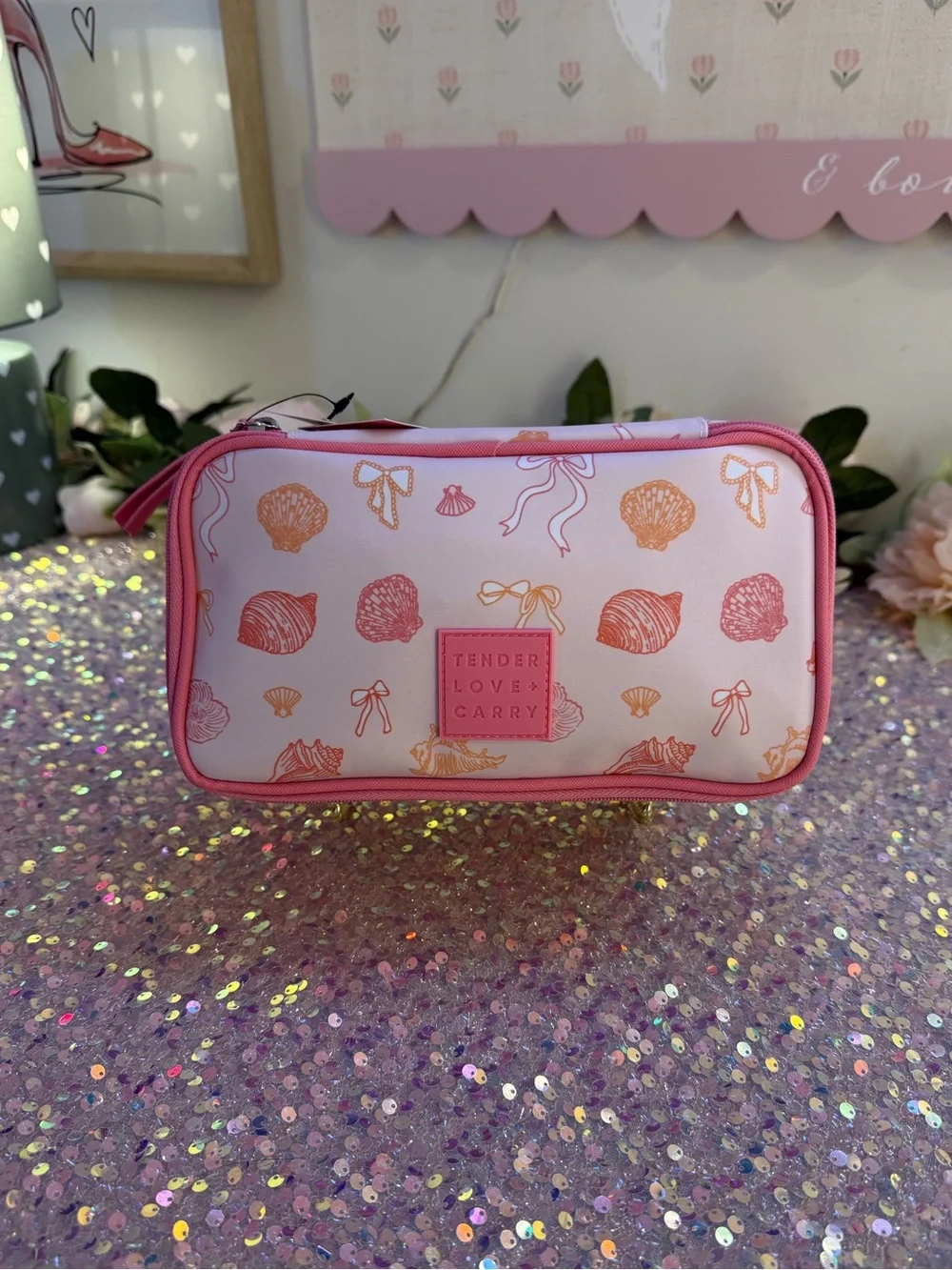 NWT Tender Love + Carry Double Zip Utility Bag in Pink Seashells/Ribbon Pattern